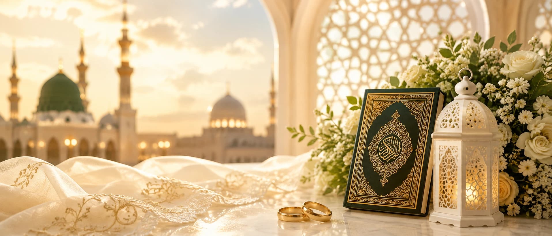 Islamic wedding wishes with Quran, wedding rings and mosque