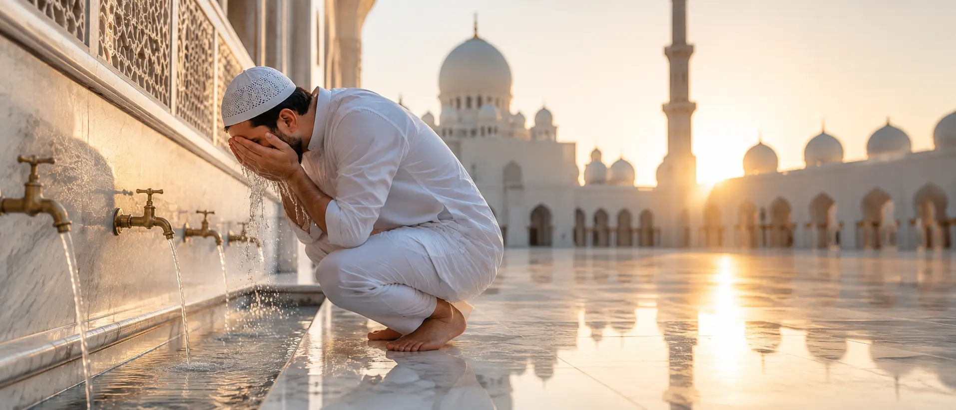 Muslim man performing Wudu at a mosque before reciting dua after Wudu