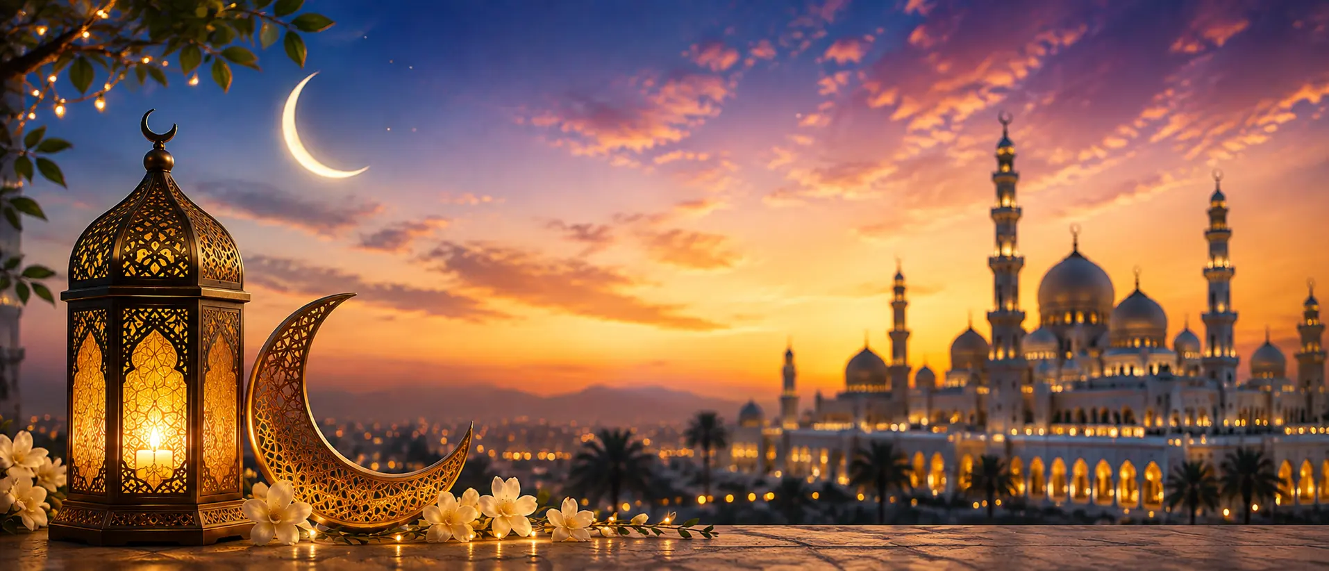 Beautiful Eid ul Fitr 2027 wishes with a crescent moon, lantern and mosque.
