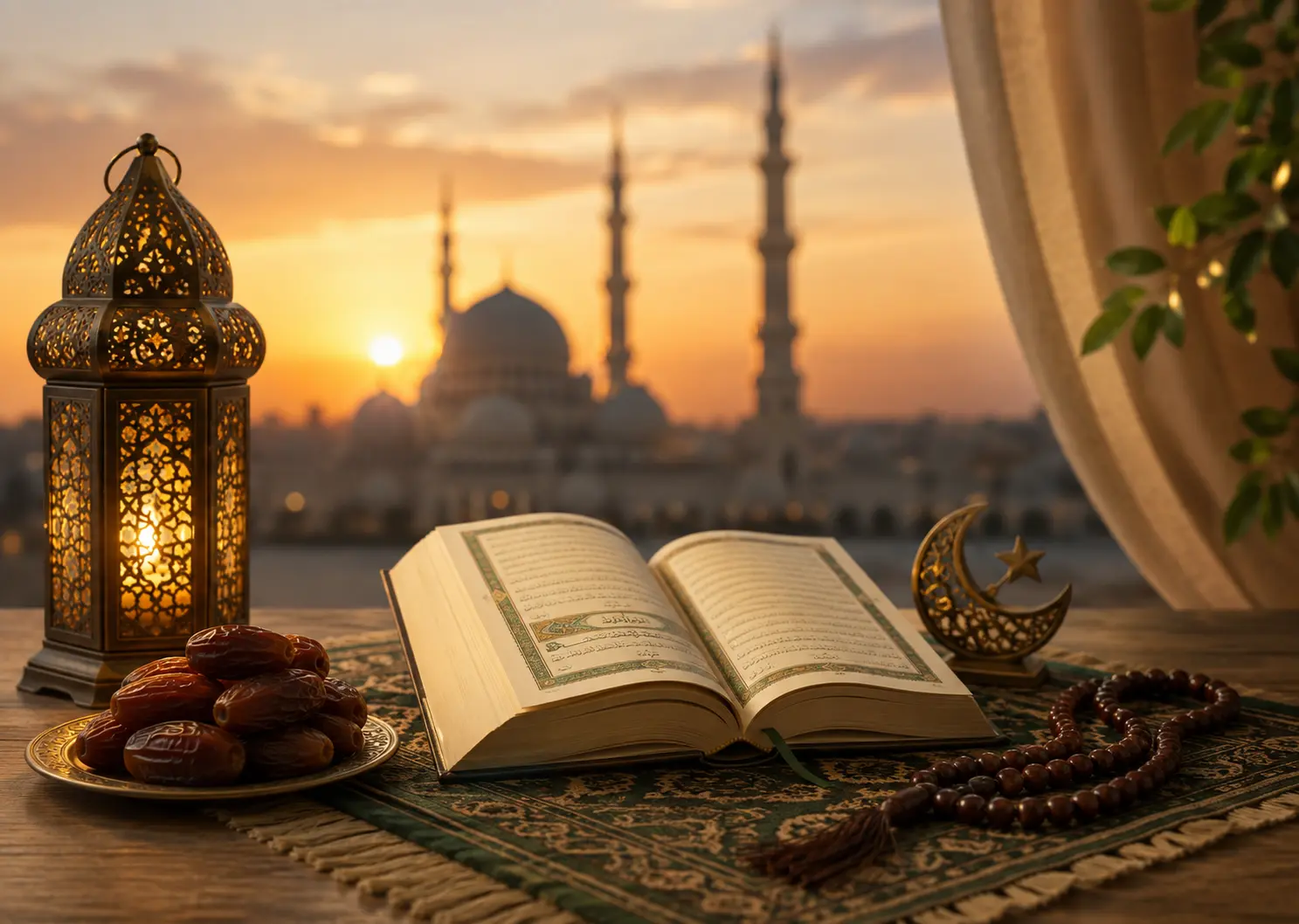 Dua to open fast FAQs with dates, Quran and Islamic lantern