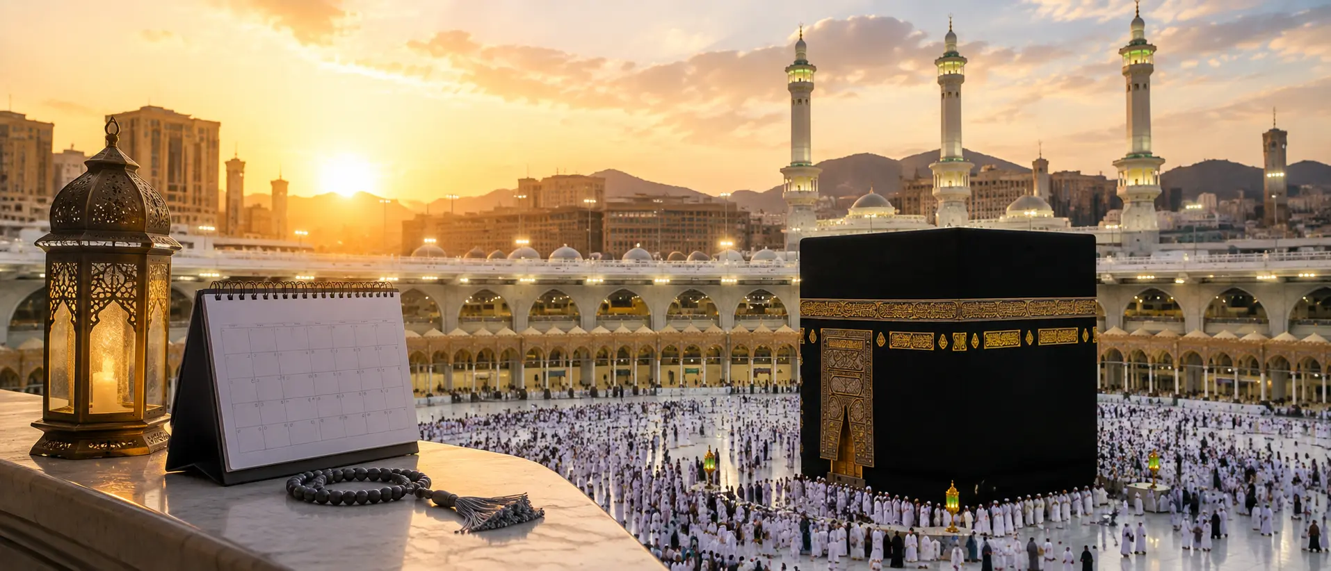 When does Umrah close for Hajj 2027 – Kaaba and Masjid al-Haram with calendar representing official Umrah closing dates before Hajj.