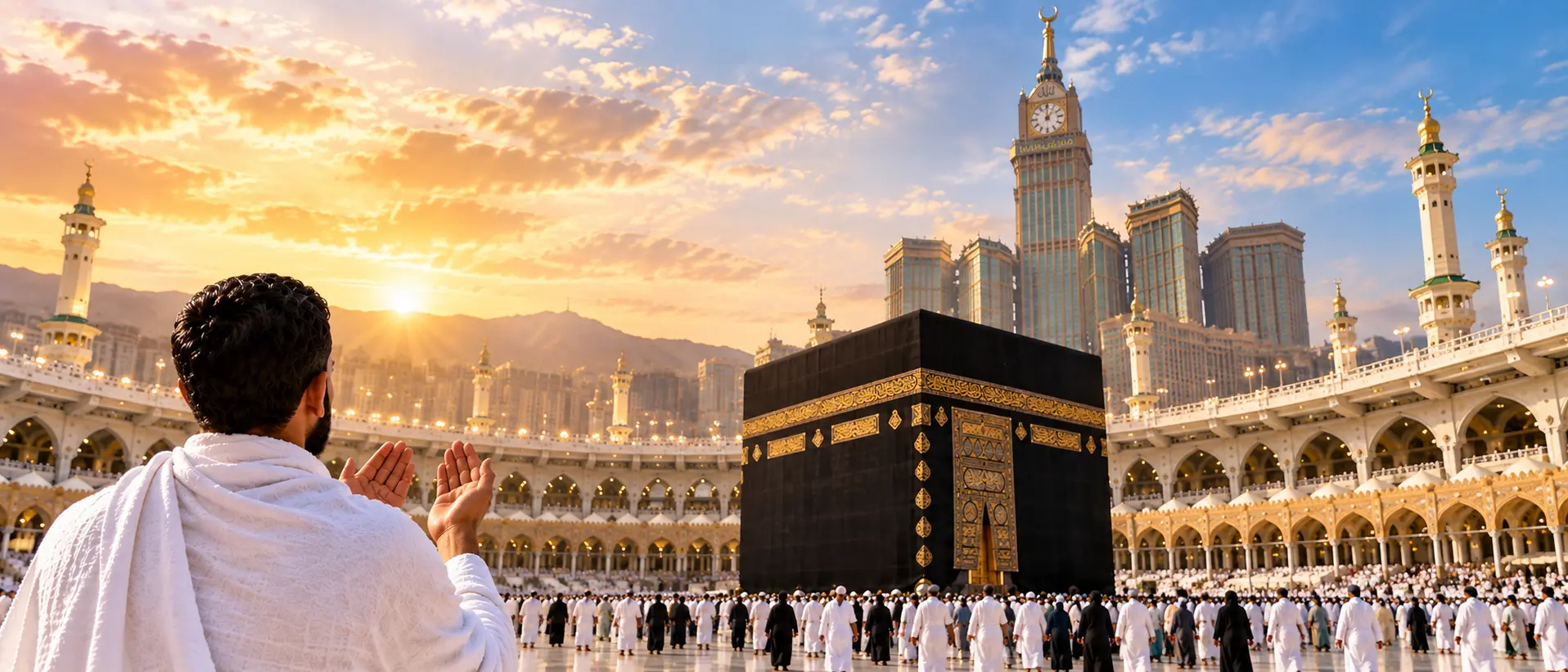Pilgrim facing the Kaaba during Hajj in Makkah