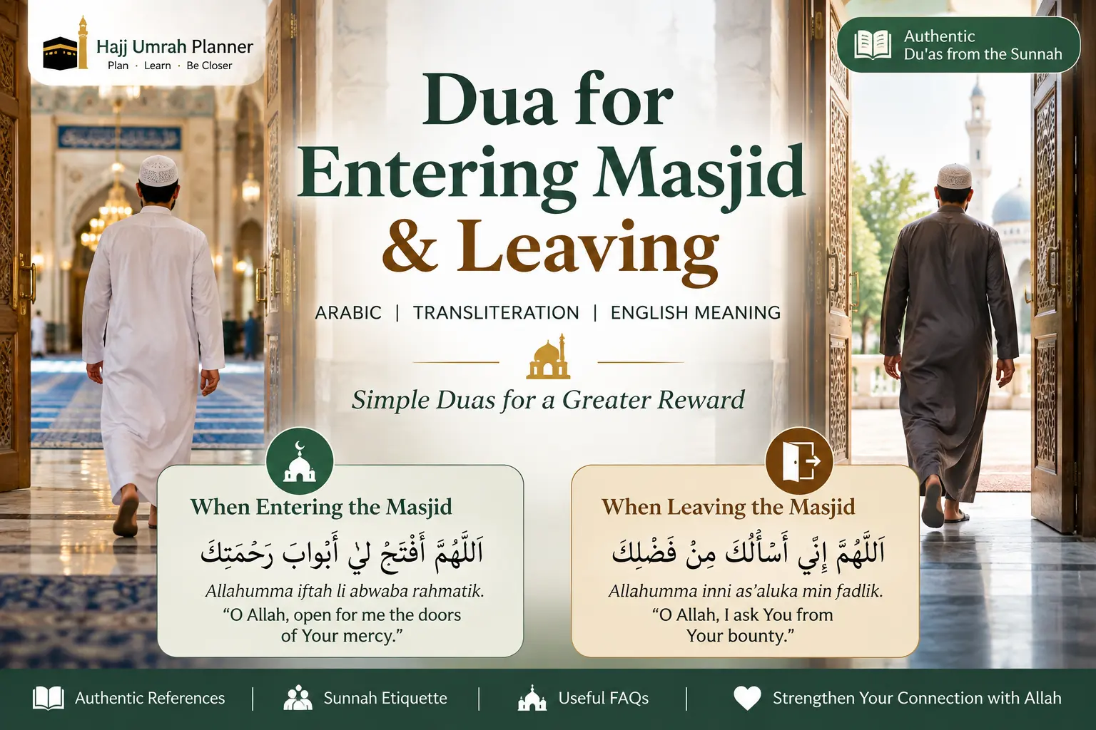 Dua for Entering Masjid and Leaving: Arabic, Transliteration & English Meaning
