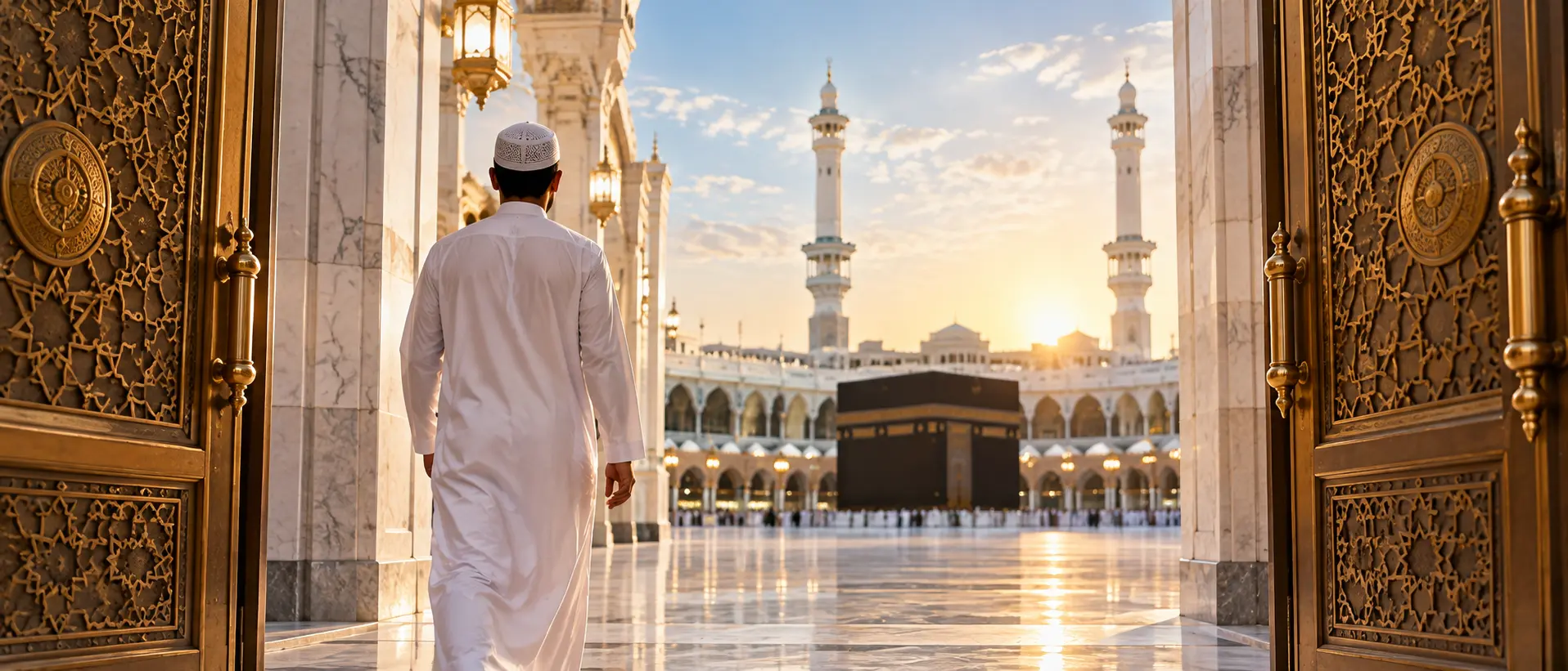 Muslim entering Masjid al-Haram with the Kaaba in view