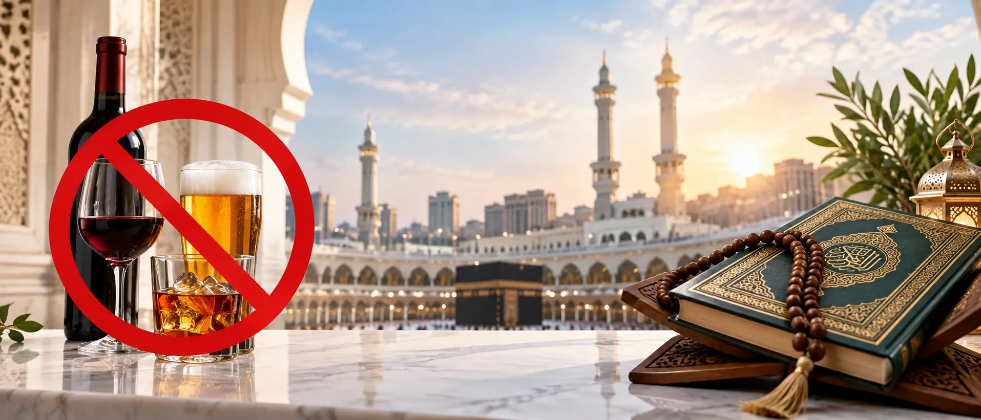 Alcoholic drinks marked with a prohibition symbol beside a Qur’an and prayer beads, with a mosque in the background.