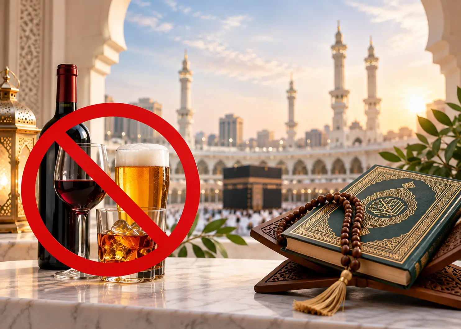 Can Muslims drink alcohol? Alcoholic drinks crossed out beside a Qur’an and prayer beads.
