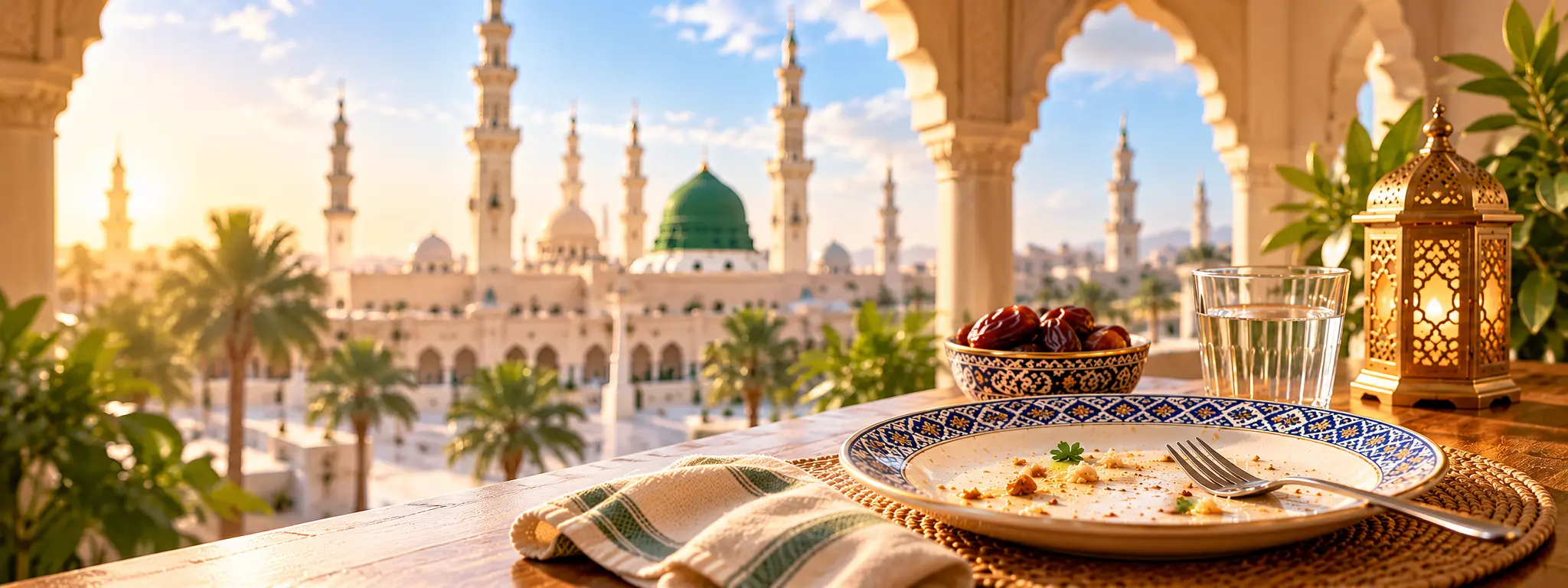 Finished meal with an empty plate, dates, water and a glowing lantern overlooking a mosque courtyard.