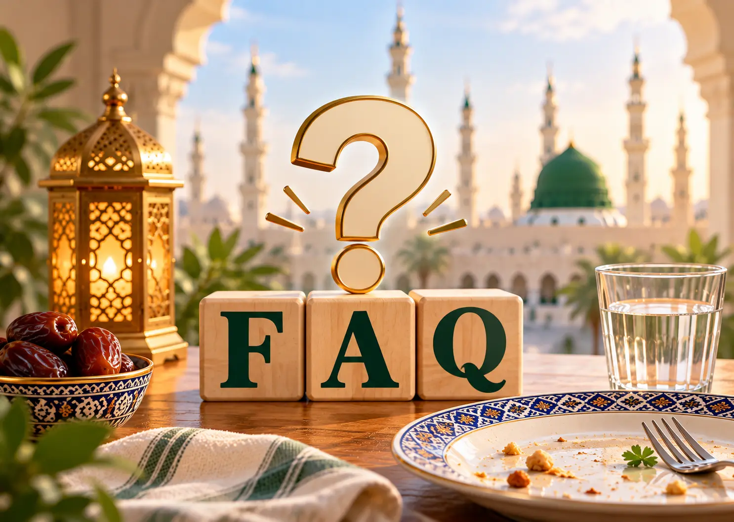 FAQ illustration with a question mark, dates, water and a finished meal against an Islamic mosque background.