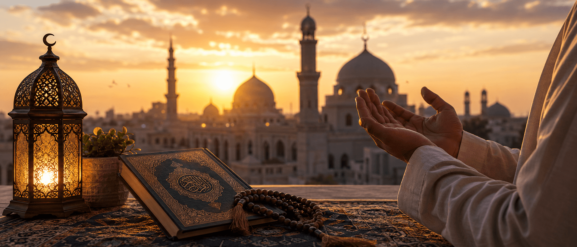 Muslim making dua beside the Holy Quran at sunset after hearing of someone's death in Islam.