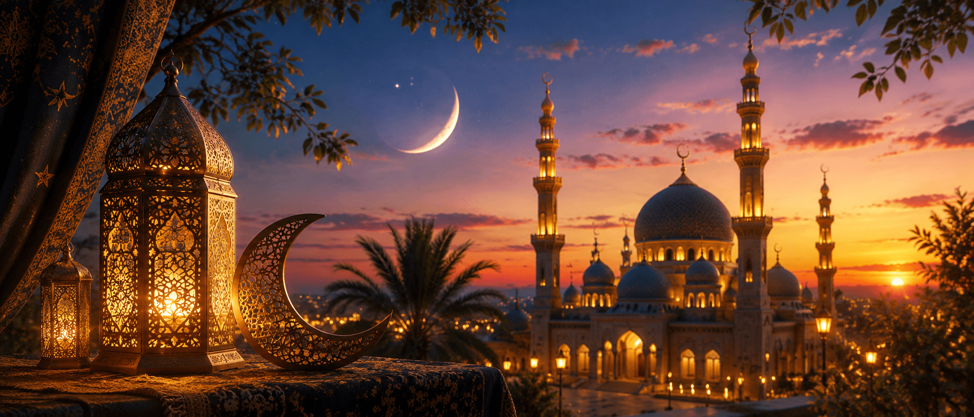 Beautiful Ramadan lanterns, crescent moon, and illuminated mosque at sunset symbolizing Ramadan wishes, Ramadan Mubarak greetings, Islamic duas, and the blessings of Ramadan