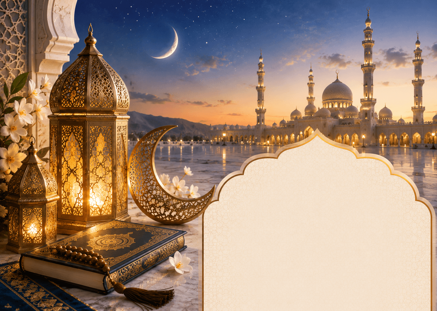 Ramadan Wishes FAQ | Ramadan Mubarak Questions & Answers Islamic Ramadan scene with lanterns, crescent moon, Holy Quran, and mosque representing frequently asked questions about Ramadan wishes and Ramadan Mubarak greetings