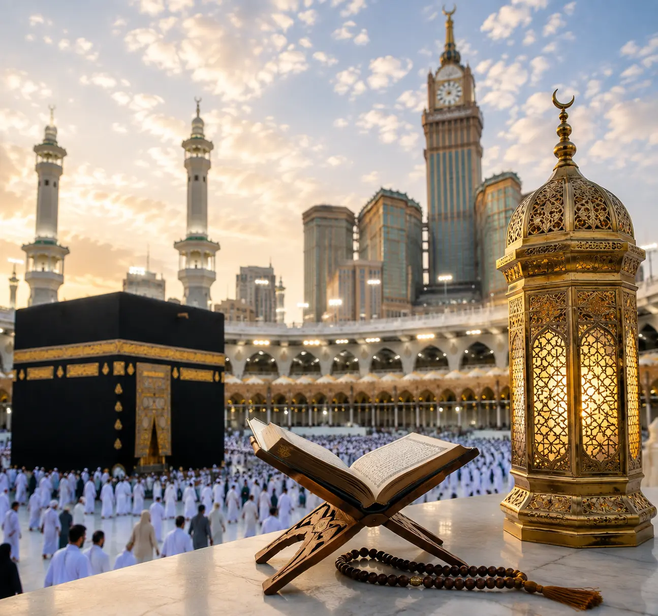Hajj 2028 Date FAQs and Pilgrimage Guide Islamic illustration featuring the Holy Kaaba, the Quran, prayer beads, and a lantern representing frequently asked questions about the Hajj 2028 date and pilgrimage in Makkah