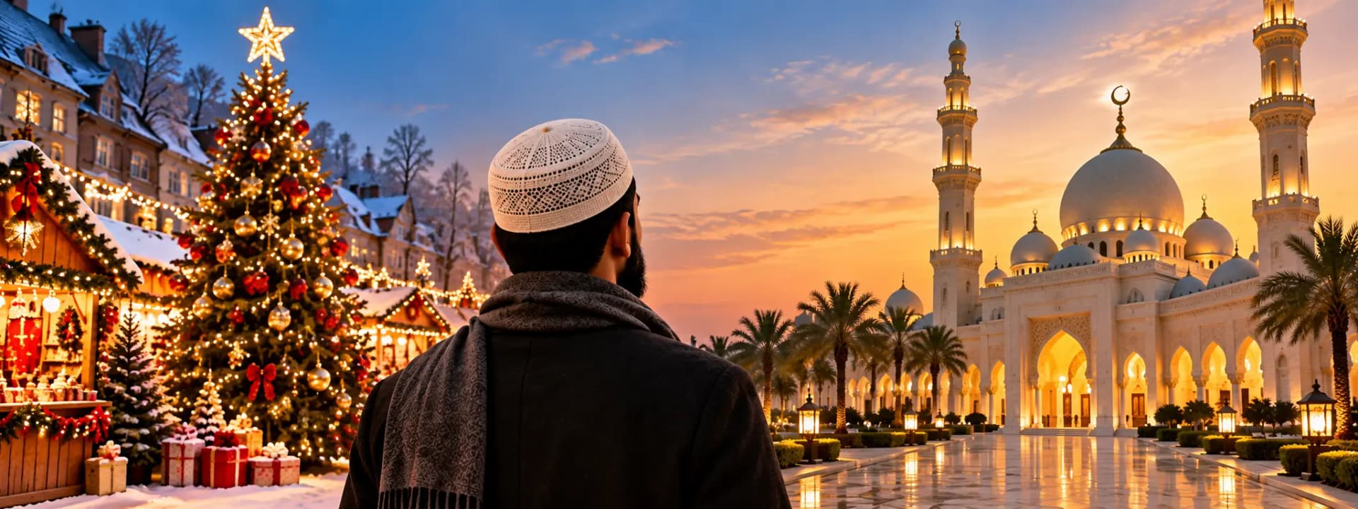 Muslim man facing a Christmas market and mosque at sunset