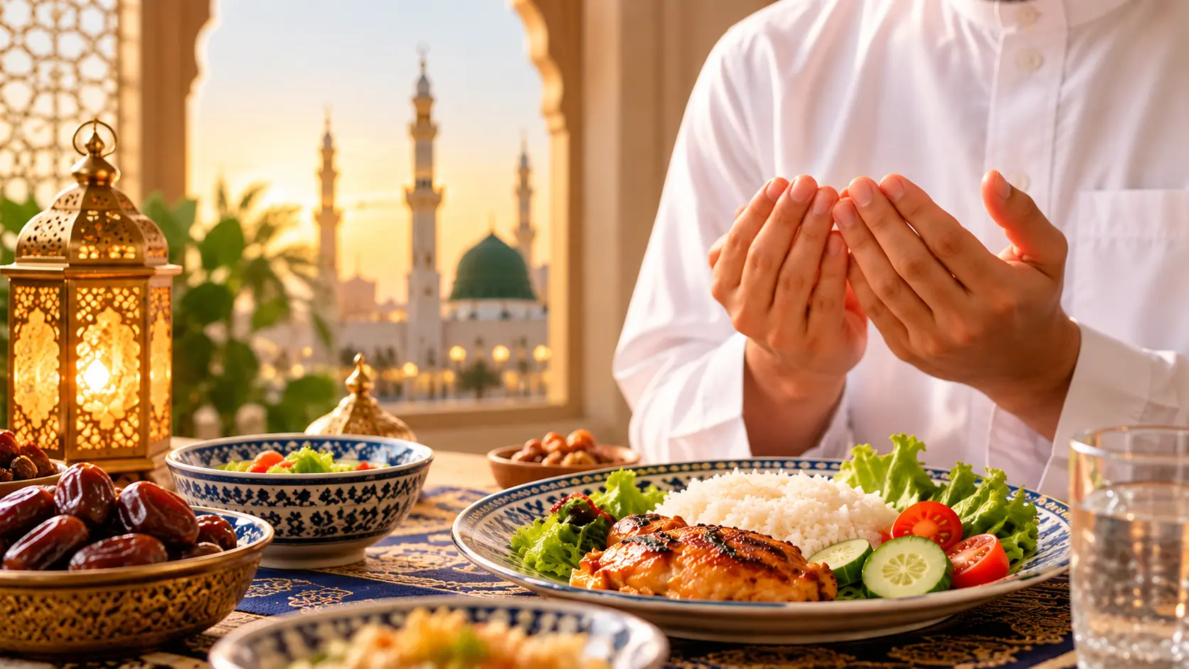 Muslim raising hands in prayer before eating a meal, with dates, rice, chicken and water on the table.