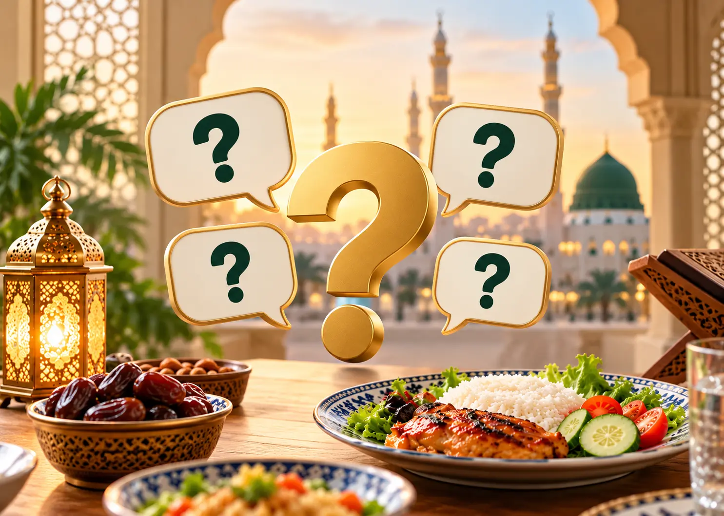 Dua Before Eating FAQs in Islam Illustration of frequently asked questions about dua before eating, featuring question marks, food, dates and an Islamic mosque.