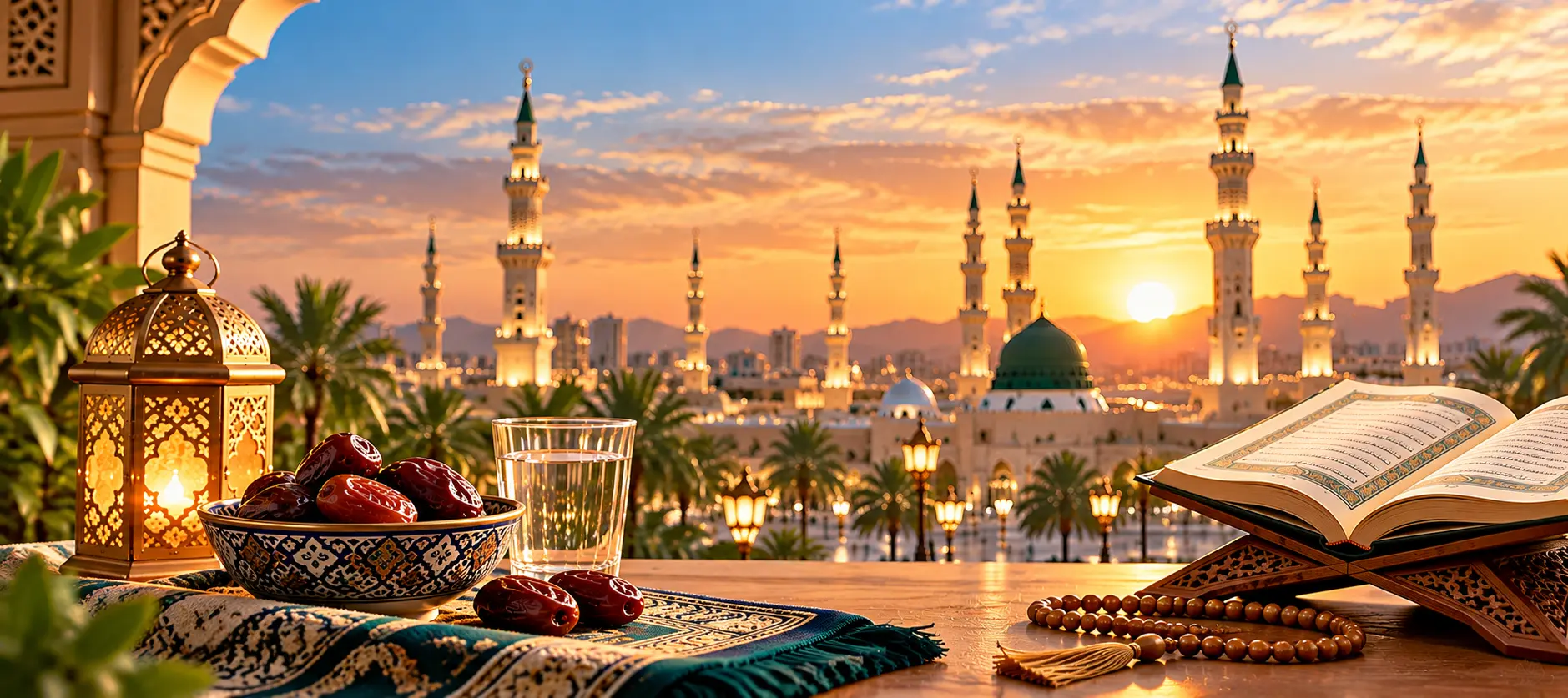 Islamic fasting dua banner featuring an open Quran, dates, water, prayer beads and a glowing Ramadan lantern overlooking a mosque at sunset.